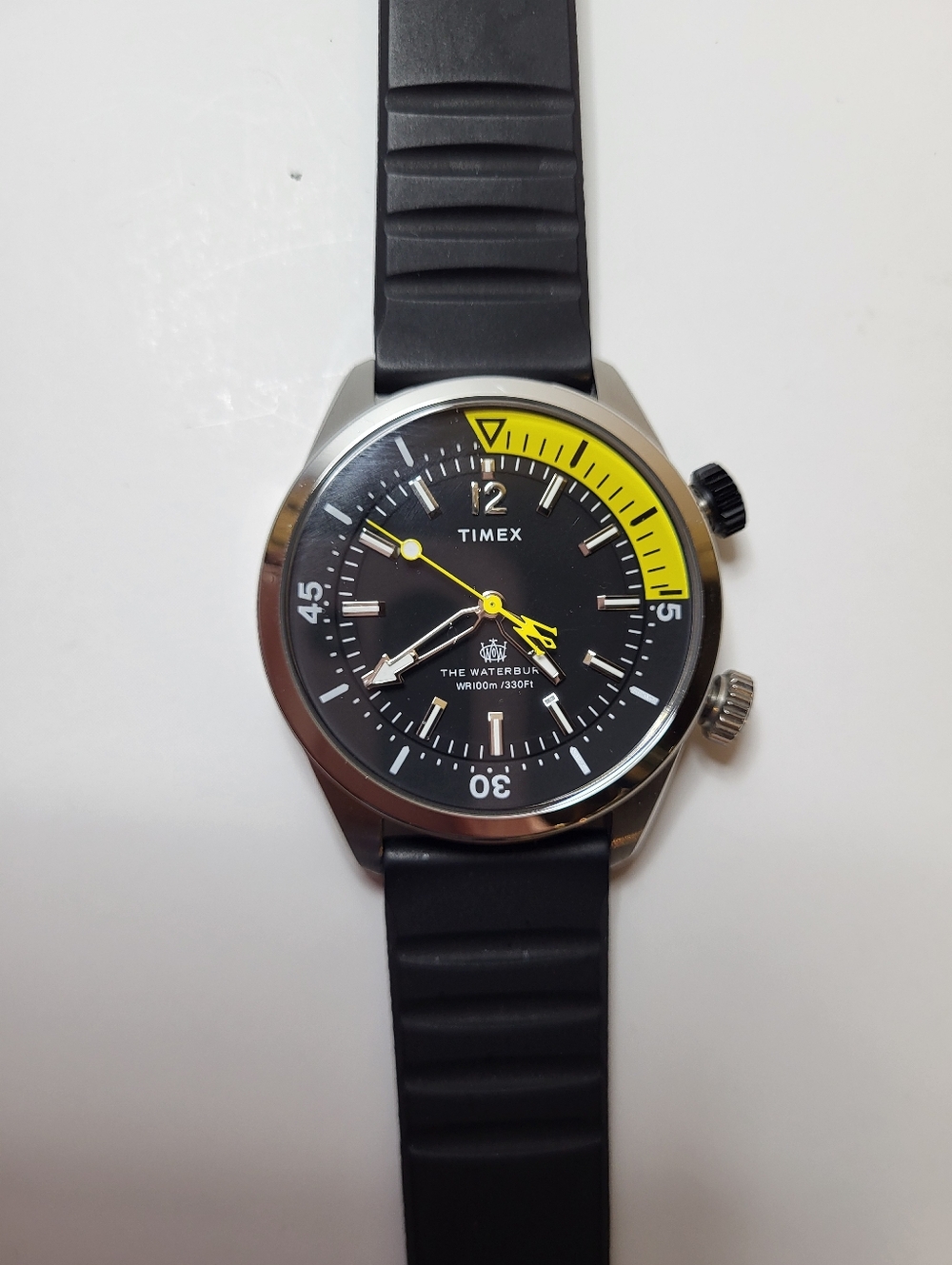 Men's Timex Waterbury Diver Watch TW2V73400 Black Dial Yellow Accent